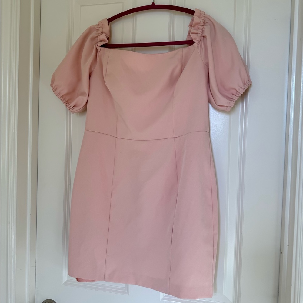 pink body on dress with off the shoulder sleeves